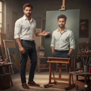 Stylish man in art studio standing beside his realistic painted portrait