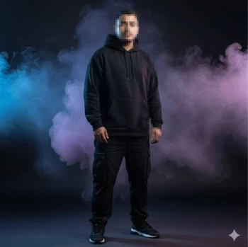 Stylish man in black hoodie posing confidently amid blue and purple smoke