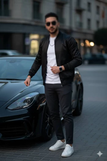 Stylish man in black jacket posing beside luxury car on city street