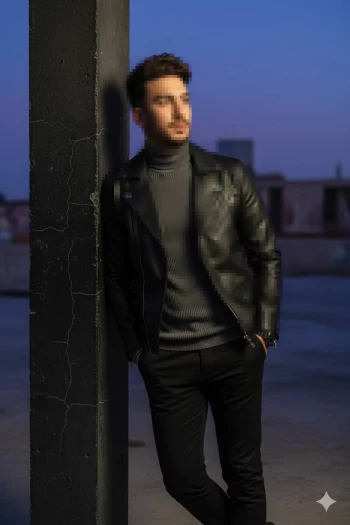 Stylish man in black leather jacket posing at sunset with urban background