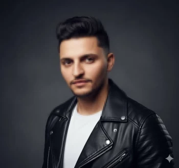 Stylish man in black leather jacket posing confidently in studio lighting