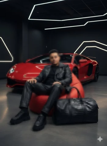 Stylish man in black leather outfit posing with red luxury sports car
