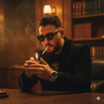 Stylish man in black lighting a cigarette in a warm vintage library setting