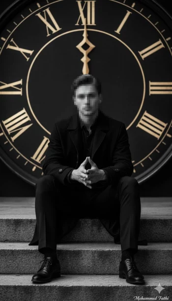 Stylish man in black outfit sitting confidently in front of a giant clock