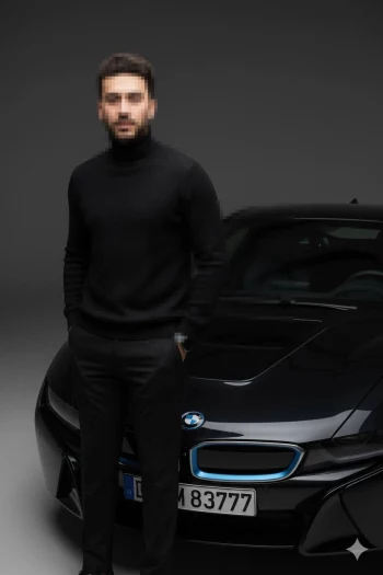 Stylish man in black outfit standing beside luxury black BMW sports car