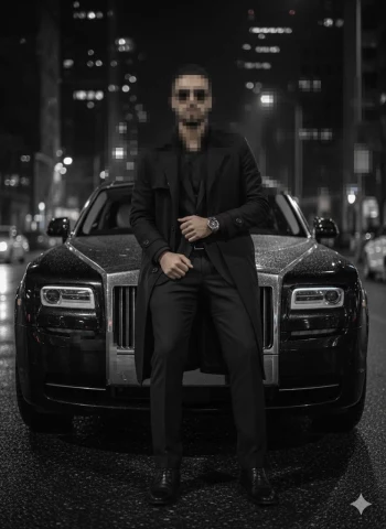 Stylish Man in Black Outfit Standing Confidently in Front of Luxury Car at Night