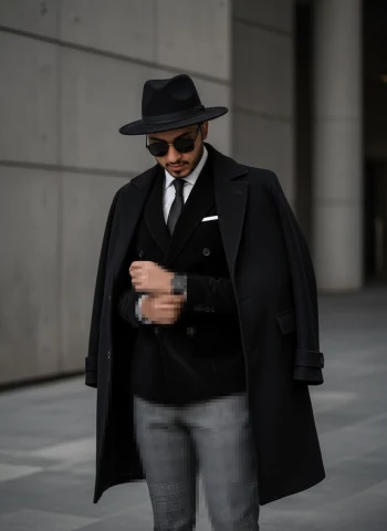Stylish man in black suit and fedora with overcoat in modern urban setting