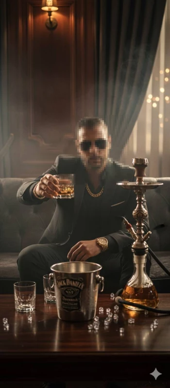 Stylish Man in Black Suit Enjoying Whiskey and Hookah in Luxurious Lounge