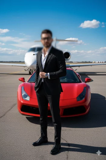 Stylish man in black suit standing with red sports car and private jet