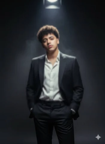 Stylish Man in Black Suit Under Dramatic Studio Spotlight