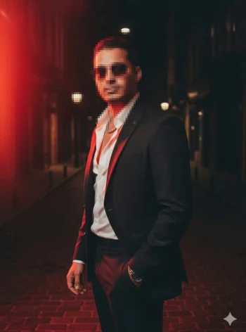 Stylish Man in Black Suit with Sunglasses Under Red Light at Night Street