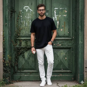 Stylish man in black t-shirt and white pants posing by rustic green door