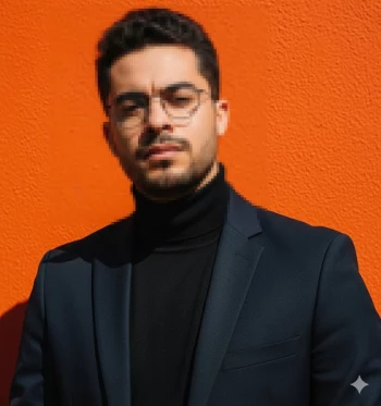 Stylish Man in Black Turtleneck and Blazer Against Orange Wall