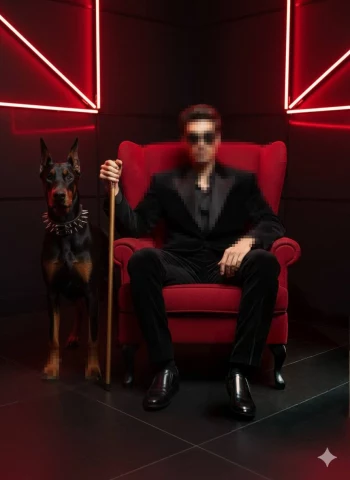 Stylish man in black velvet suit sitting with Doberman under red neon lights