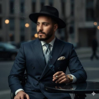 Stylish man in blue suit and hat sitting at outdoor café with cigarette