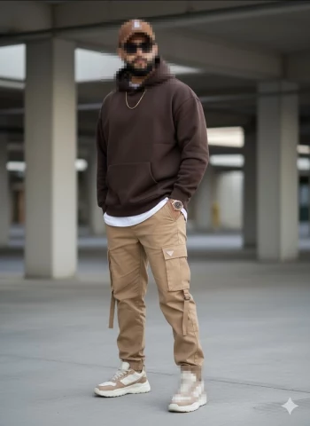 Stylish Man in Brown Hoodie and Beige Cargo Pants Posing in Urban Setting