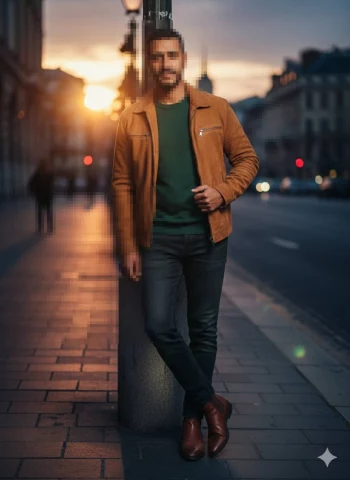 Stylish man in brown jacket posing on city street at sunset