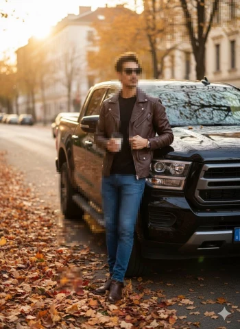 Stylish man in brown leather jacket standing by black truck on autumn street