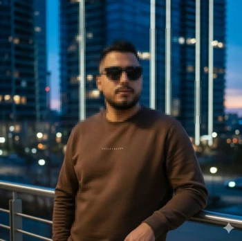 Stylish Man in Brown Sweatshirt Posing Confidently in City at Dusk
