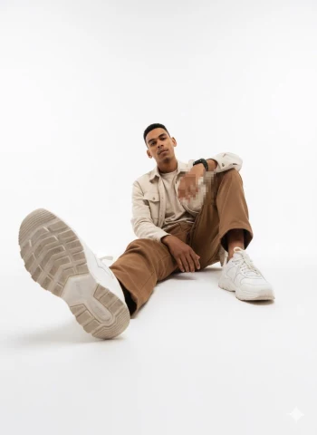 Stylish Man in Casual Beige Outfit Sitting Confidently in Minimalist Studio