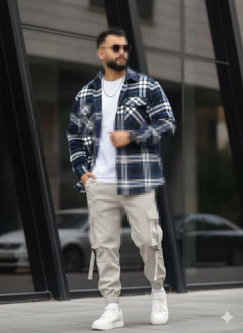 Stylish Man in Checkered Shirt and Cargo Pants Walking in the City