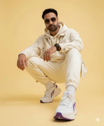 Stylish man in cream outfit and sunglasses posing confidently on yellow background