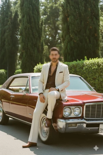 Stylish man in cream pinstripe suit sitting on classic maroon car in sunlight