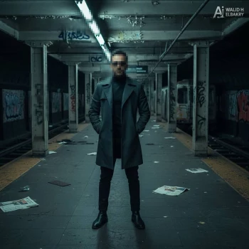Stylish Man in Dark Coat Standing Confidently in Empty Subway Station