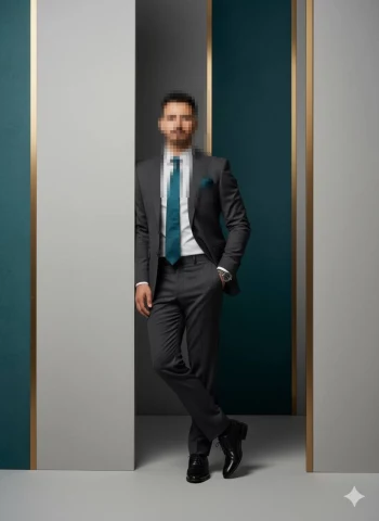 Stylish man in dark grey suit with teal tie posing confidently in modern studio