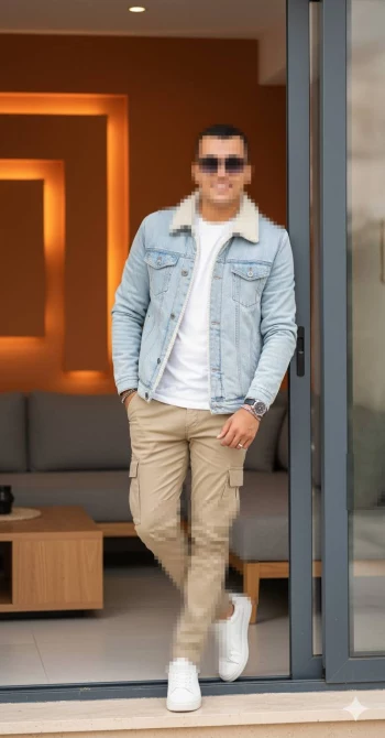 Stylish man in denim jacket and beige pants posing confidently in modern interior