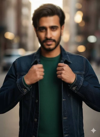 Stylish Man in Denim Jacket and Green Sweater Posing on City Street at Sunset