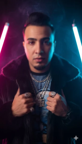 Stylish Man in Fur Coat with Neon Lights and Silver Jewelry