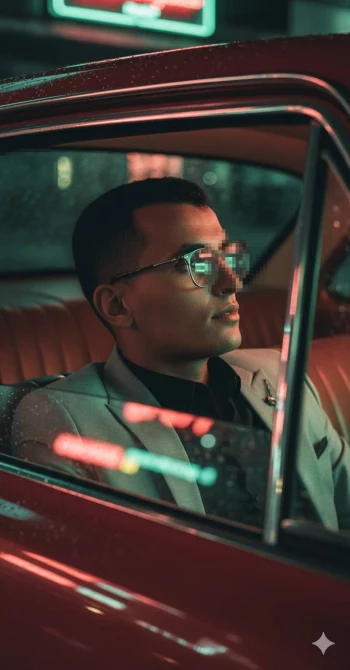 Stylish Man in Glasses Sitting in Red Car Under Neon City Lights at Night