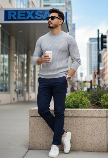 Stylish man in gray sweater and navy pants walking confidently in the city