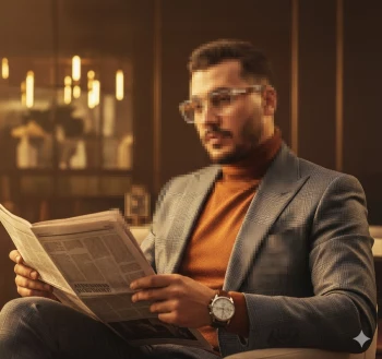 Stylish man in grey suit and brown turtleneck reading newspaper in warm light