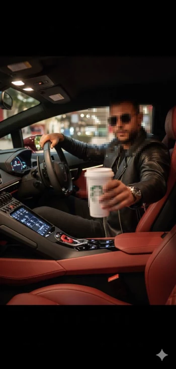 Stylish Man in Luxury Car Holding Starbucks Cup at Night
