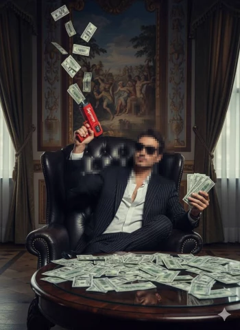 Stylish man in luxury suit throwing money with Supreme gun in elegant room