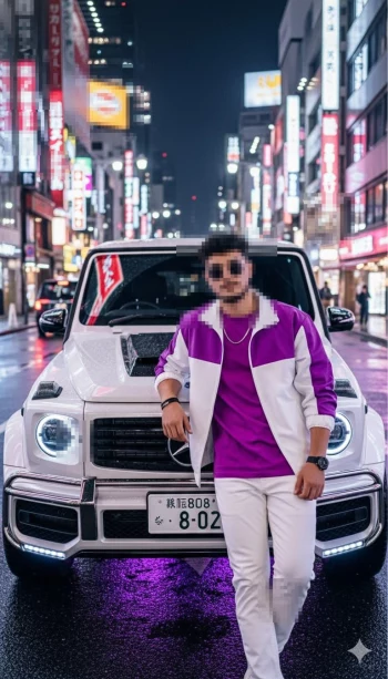Stylish man in purple outfit posing by white luxury car on neon city street