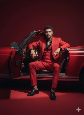 Stylish man in red suit sitting confidently in luxury red convertible car