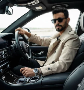 Stylish man in trench coat driving luxury car with sunglasses and wristwatch