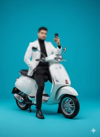 Stylish man in white blazer taking selfie while sitting on white scooter