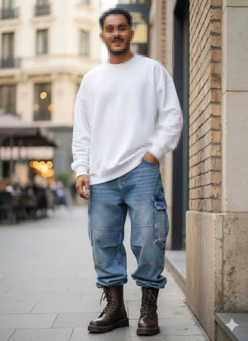 Stylish man in white sweatshirt and blue cargo jeans posing confidently on city street