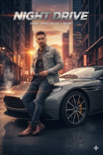 Stylish man leaning on luxury car during sunset in cinematic city street
