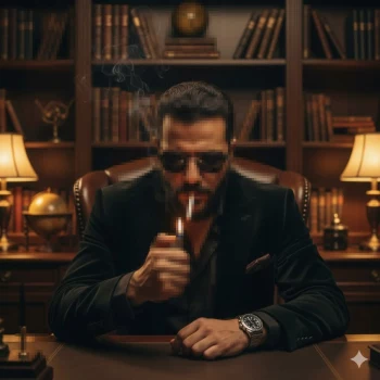 Stylish Man Lighting a Cigarette in a Classic Vintage Office