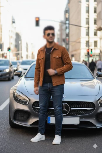 Stylish man posing confidently in front of a luxury silver Mercedes in the city