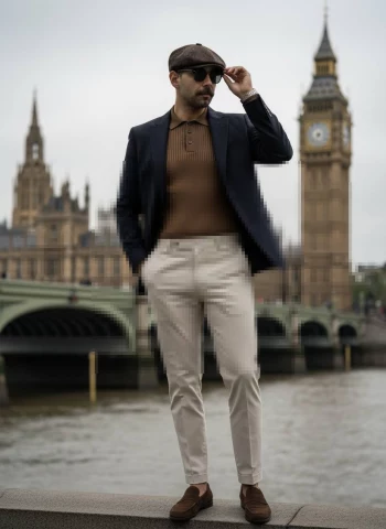 Stylish Man Posing in London with Big Ben in the Background