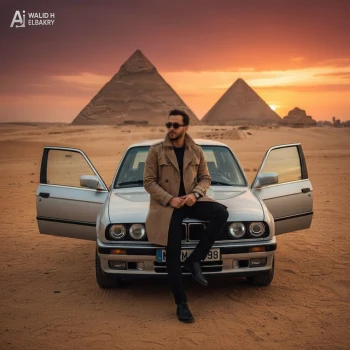 Stylish man posing with classic car in desert near pyramids at sunset