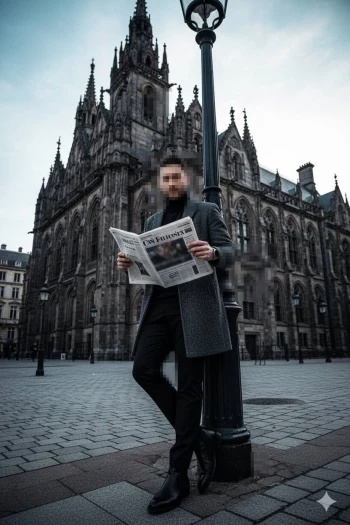 Stylish Man Reading Newspaper in Front of Historic Gothic Cathedral