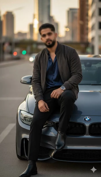Stylish man sitting on a BMW car in the city during sunset with modern vibe