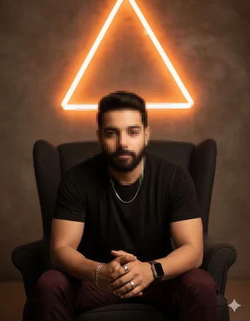 Stylish man sitting on armchair under glowing neon triangle background